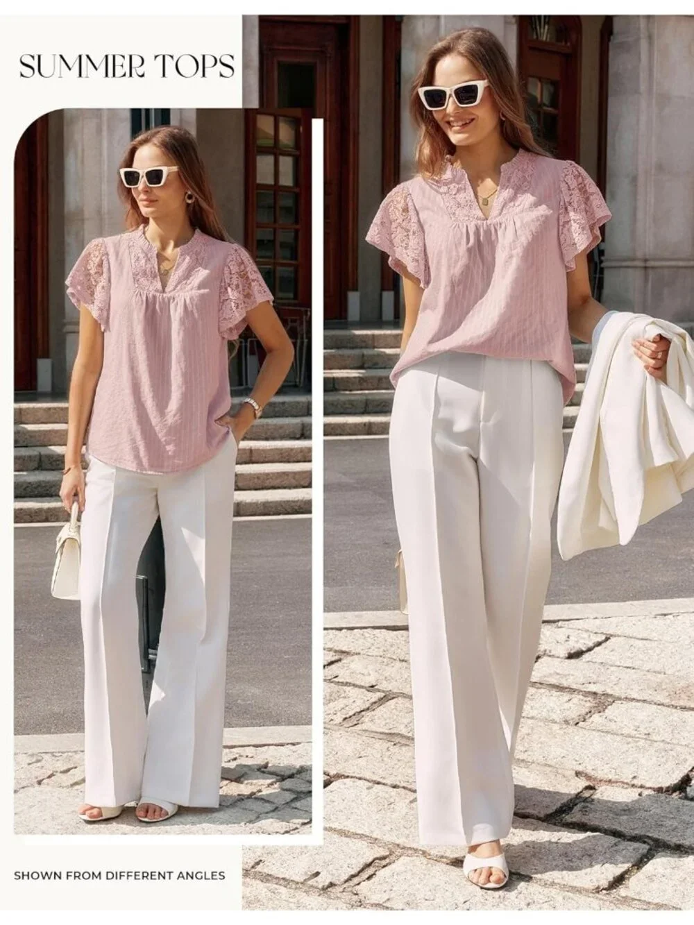 Women's Lace Short Sleeve Tops Summer Dressy Dusty Pink Blouses Flowy V Neck - Picture 2 of 6